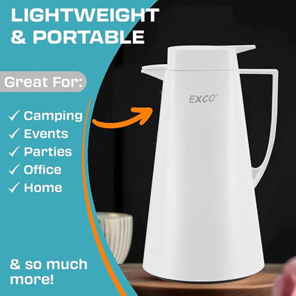 EXCO 1.0L / 34Oz Premium Thermal Coffee Carafe, Glass Lined Insulated for Keeping Hot Liquids, Vacuum Coffee Tea Pot, Large Beverage Drink Container Dispensers, 12 Hour Heat 24 Hour Cold (White)
