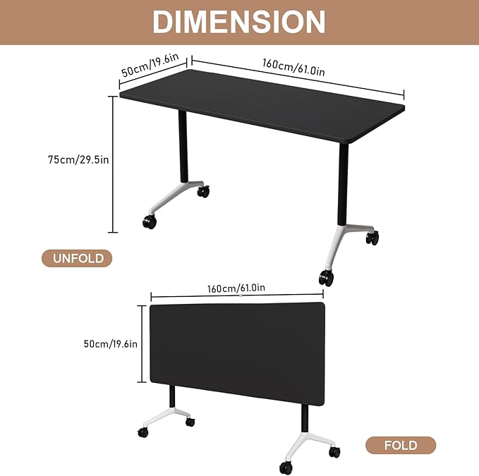 Folding Conference Table, Conference Room Tables Foldable Large Meeting Seminar Table on Wheels,Flip Top Boardroom Training Tables for Office, Classroom,Meeting (10, Black, 55.1in)