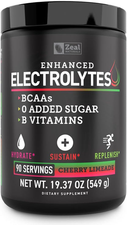 Zeal Electrolyte Powder - 90 Servings | Keto Electrolytes Powder | Zero Sugar, BCAAs, B-Vitamins | Potassium, Zinc, Magnesium | Hydration Powder Recovery Drink | Cherry Limeade