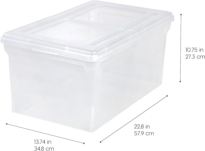 IRIS USA File Box File Organizer w/Hinged Split Latching Lid for Letter/Legal File, Water Resistant Document Box, BPA-Free, Plastic Storage Bin Tote Organizer, Stackable, Nestable, Clear 44 Qt. 5Pack