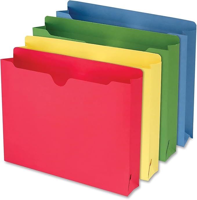 Smead File Jackets Letter Size for File Folders, Reinforced Straight-Cut Tab, 2" Expansion, Letter Size, Assorted Colors, 10 Per Pack (75688)