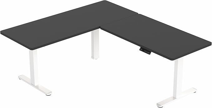 VIVO Electric Height Adjustable 67 x 60 inch Corner Stand Up Desk, 2 Black Solid Table Tops, White Frame, Memory Controller, L-Shaped Workstation, 3E Series, DESK-KIT-3E6WB