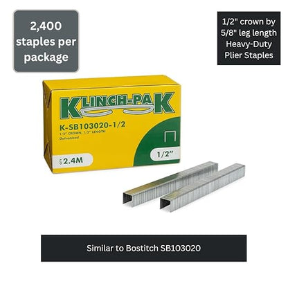 K-SB103020-1/2, 1/2" Crown by 5/8" Leg Length Heavy-Duty Plier Staple, 2,400 Count, Similar to Bostitch SB103020, for stapling Trays, Lids, Bags, Header Cards, Fastening End Caps