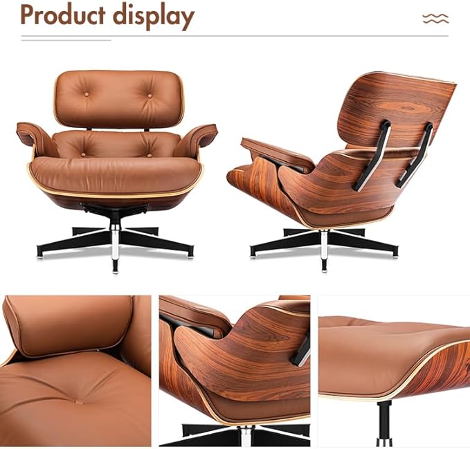 Mid Century Chaise Lounge Chair with Ottoman, Top Black Grain Leather, Modern Office Chair Classic Design, Heavy Duty Base Support for Living Room Study Lounge Office