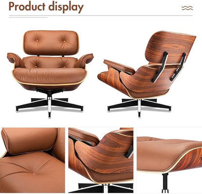 Mid Century Chaise Lounge Chair with Ottoman, Top Black Grain Leather, Modern Office Chair Classic Design, Heavy Duty Base Support for Living Room Study Lounge Office