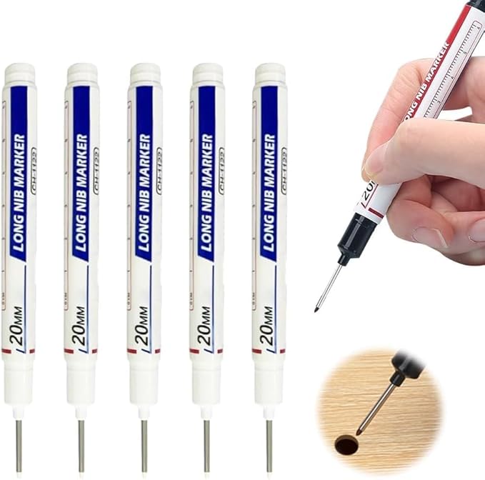 5PCS Long Head Deep Hole Marker, 2025 20mm Deep Reach Waterproof Construction Marking Tool, Long Nose Permanent Carpenter Ink Pen for Metal