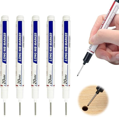 5PCS Long Head Deep Hole Marker, 2025 20mm Deep Reach Waterproof Construction Marking Tool, Long Nose Permanent Carpenter Ink Pen for Metal