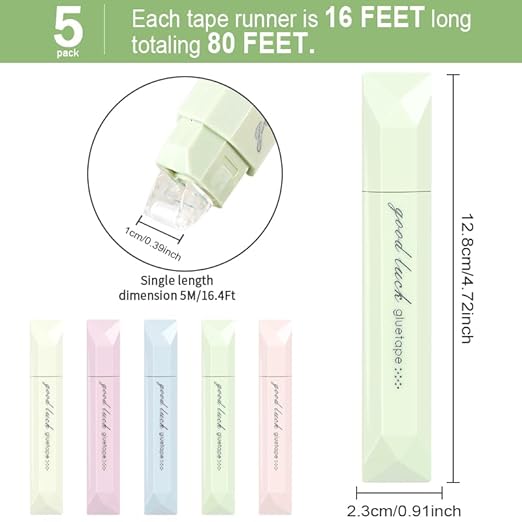 Scrapbooking Double Sided Tape Roller, 5-Pack Craft Adhesive Glue Runner - Multipurpose Journaling Supplies for Scrapbooking, Gift Wrapping, Photo Mounting, School Office & Crafts