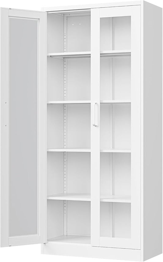 Display Storage Cabinet with Glass Door, 67 Inches Metal Curio Cabinet with 4 Adjustable Shelves, HD&Tempered Glass Display Case for Home, Office, Clinic, Pantry, Assemble Required (White)