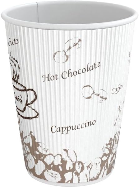 12 oz Double Wall Rippled Paper Hot Cups, White, 500 Count, Insulated Disposable Coffee Cups for Food Service, 4.25 Inch Height, Bean Print