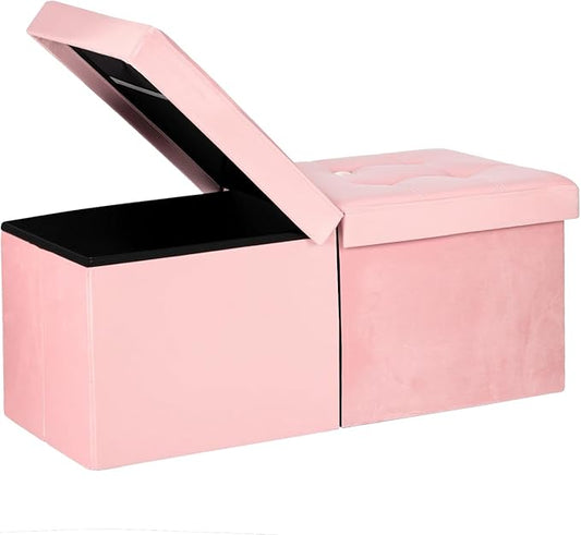 Folding Ottoman Bench with Storage - 34Inches Teddy Velvet Foot Stool Ottoman Bench, Padded Seat, Storage Chest,Blanket Store, for Entryway Livingroom and Bedroom,Pink (34" D x 13" W x 13" H)