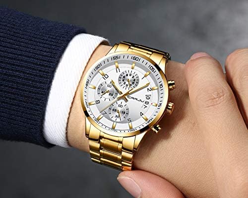 CRRJU Men's Fashion Stainless Steel Watches Date Waterproof Chronograph Wristwatches,Black Steel Band Waterproof Quartz Watch for Men