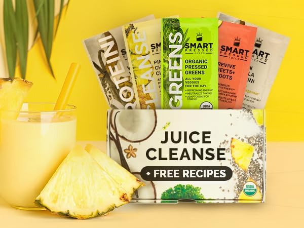 SMART Pressed Juice 1-Day Organic Juice Cleanse | Healthy Detox Program | Vegan Vanilla Protein, Green Juice, Beets Juice & Pineapple Chia Cleanse | High Fiber & Vegan