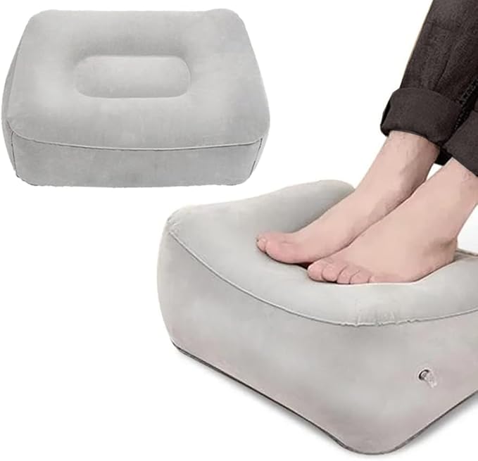 Travel Foot Rest Pillow, Soft Flocking Pillow, Flights Relax Cushion Ottomans Leg Up with Air Pump for Office, Home Relax, Camping and Travel Use (Gray)