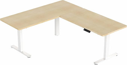 VIVO Electric Height Adjustable 67 x 60 inch Corner Stand Up Desk, 2 Light Wood Solid Table Tops, White Frame, Memory Controller, L-Shaped Workstation, 3E Series, DESK-KIT-3E6C