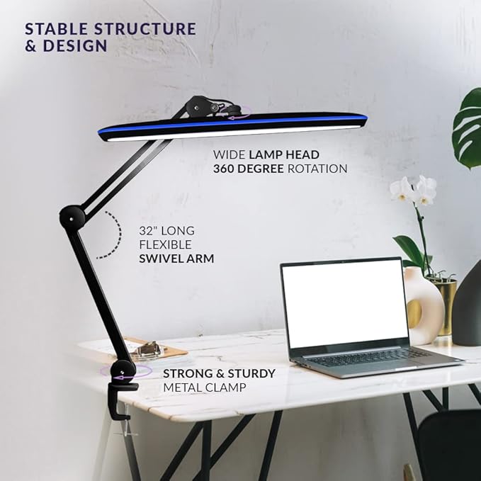 Neatfi XL LED Desk Lamp with Clamp – 2,200 Lumens, 23” Wide, Dimmable Task Light for Office, Study, Crafting & Nail Techs (Non-CCT with Clamp, Black)
