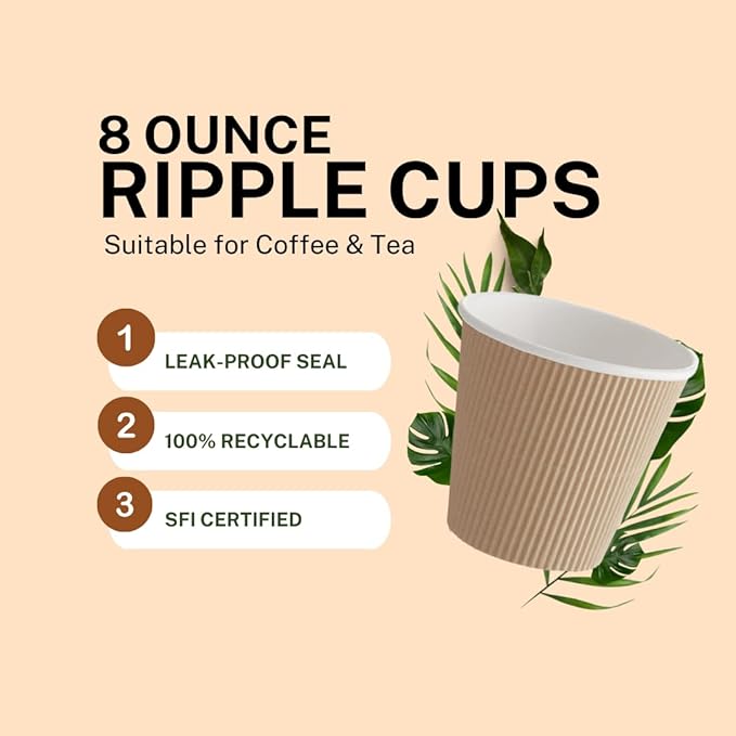 Ripple Paper Cups 8 oz 500 Pack for Coffee & Tea Made in USA | Bulk for Home, Office, Restaurants & Coffee Shops | Recyclable, Insulated, & Disposable To-Go Cups for Hot Beverages (8 oz - 500 count)