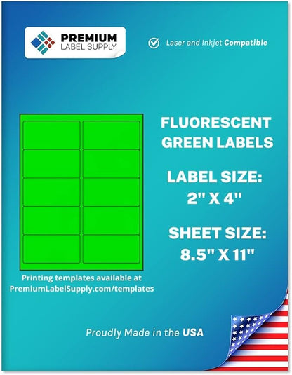 Premium Label Supply Bright Neon Color Fluorescent Stickers - 2" x 4" Labels - (Green Fluorescent, 5000 Labels)