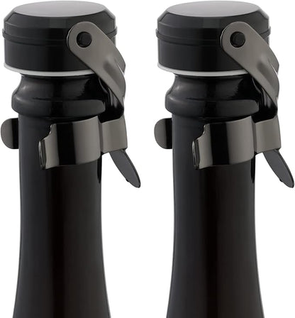 WOTOR Champagne&Wine Bottle Stoppers Stainless Steel with Food Grade Silicone, Leak Proof Keep Fresh Reusable Saver, Cork Suitable for Wine, Champagne, Cava, Prosecco and Sparkling (2 Pack Black）