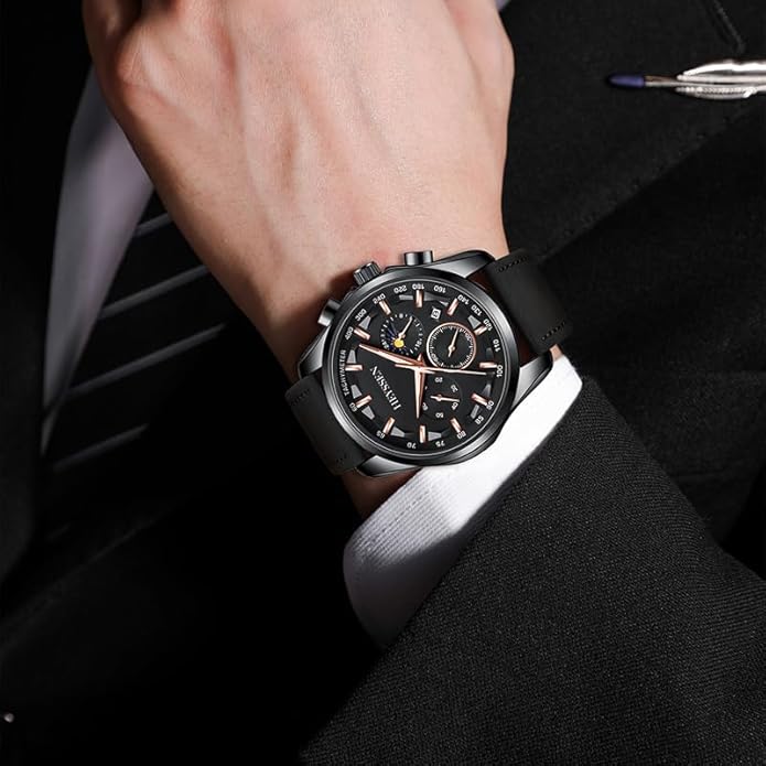 Watches for Men Chronograph Analog Luminous Quartz Watch Blue Black Luxury Genuine Leather Mens Watches Business Sports Waterproof Wristwatch Elegant Gift for Him