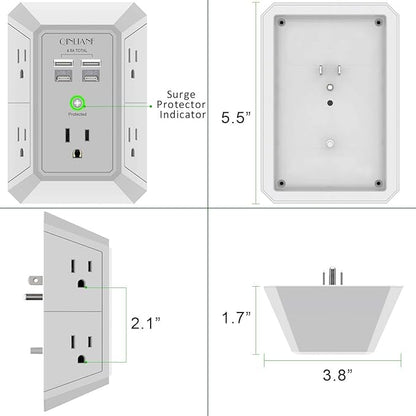 USB Wall Charger, Surge Protector, QINLIANF 5 Outlet Extender with 4 USB Charging Ports(3U1C) 3-Sided 1680J Power Strip Multi Plug Outlets Wall Adapter Spaced for Home Travel Office, Grey
