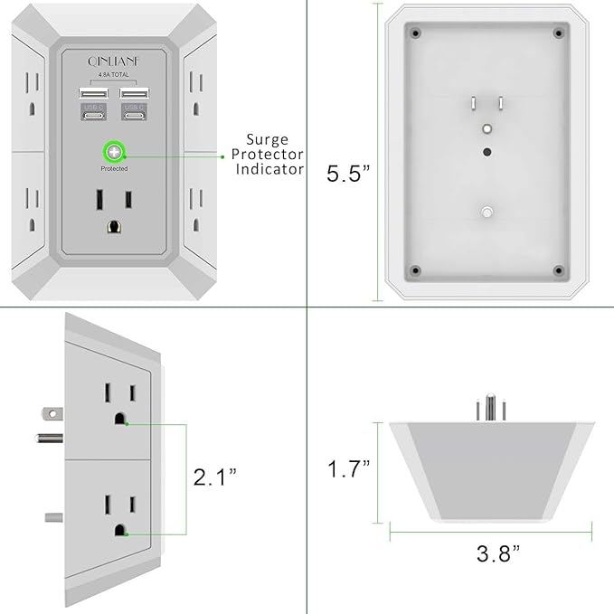 USB Wall Charger, Surge Protector, QINLIANF 5 Outlet Extender with 4 USB Charging Ports(2U2C) 3-Sided 1680J Power Strip Multi Plug Outlets Wall Adapter Spaced for Home Travel Office, Grey