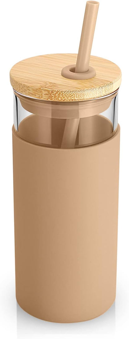 Tronco 20 oz Glass Tumbler with Lid and Straw, Iced Coffee Cup and Smoothie Cup with Bamboo Lids & Protective Silicone Sleeve, Dishwasher Safe, BPA-Free, Glass Cup 8 Pack