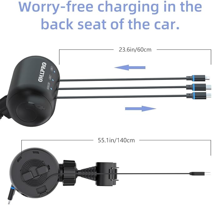 OHLPRO 3-in-1 Retractable Backseat Car Charging Station, 36W Fast Car Charger for All Phones (iPhone, Samsung), Ideal for Lyft, Turo, Uber, Taxi, Rideshare, Customer Charging Dock Attach to Headrest