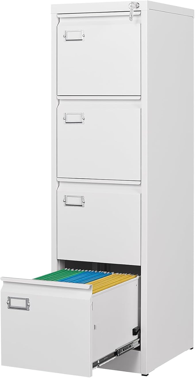 4 Drawer File Cabinet with Lock Metal Filling Cabinet Vertical Locking File Cabinets for Home Office to Hanging F4/A4 SizeA4 Legal/Letter Size, Assembly Required,White