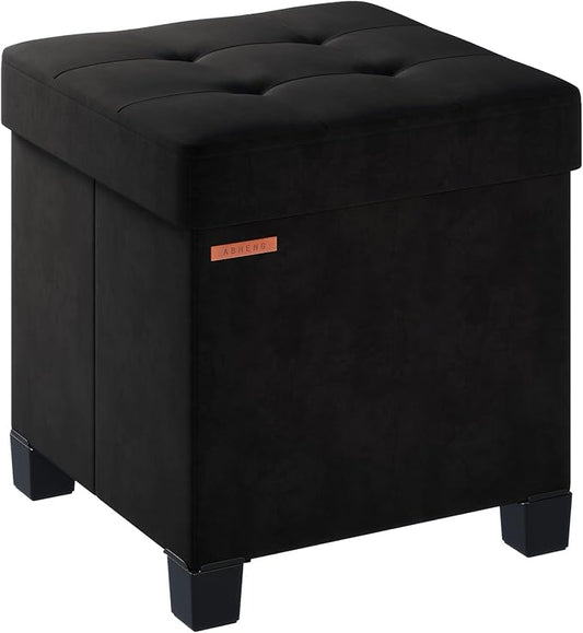 Cube Storage Ottoman, Velvet Foot Stool with Feet, Folding Storage Bench, End of Bed Bench, Storage Chest, for Living Room, Bedroom and Office, 15 x 15 x 15.7 Inches, Ink Black, ASND22B