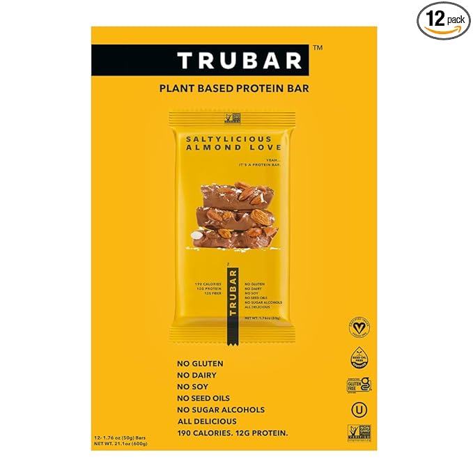 TRUBAR Vegan Protein Bar, Saltylicious Almond Love, Gluten Free, Plant Based, High Fiber, Dairy Free, Low Fat, Non GMO, No Sugar Alcohols, 12G Lean Protein, 13G Fiber, Healthy Snack Bars, 12 CT