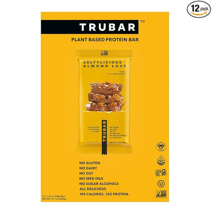 TRUBAR Vegan Protein Bar, Saltylicious Almond Love, Gluten Free, Plant Based, High Fiber, Dairy Free, Low Fat, Non GMO, No Sugar Alcohols, 12G Lean Protein, 13G Fiber, Healthy Snack Bars, 12 CT