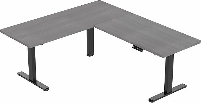 VIVO Electric Height Adjustable 67 x 60 inch Corner Stand Up Desk, 2 Dark Gray Solid Table Tops, Black Frame, Memory Controller, L-Shaped Workstation, 3E Series, DESK-KIT-3E6G