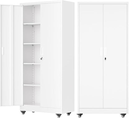 Pataku 73" Metal Storage Cabinet with Wheels, Garage Storage Cabinet with 4 Adjustable Shelves & Lockable Doors for Garage Home Office, Heavy Duty Tool Cabinets（White）