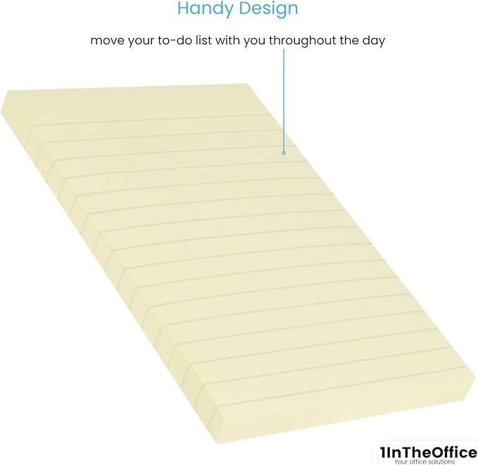 1IntheOffice Lined Sticky Notes 4x6, Post It Notes Lined, Lined Note Pads, Self-Stick, 100 Sheets/Pack, Yellow, 12 Pack