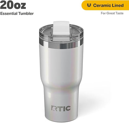 RTIC 20oz Essential Tumbler with Lid, Ceramic Lined, Insulated, Stainless Steel, Metal, Double Wall Vacuum-Insulation, Travel Cup for Iced Coffee, Tea, Hot and Cold Drink, Cool Grey Glitter