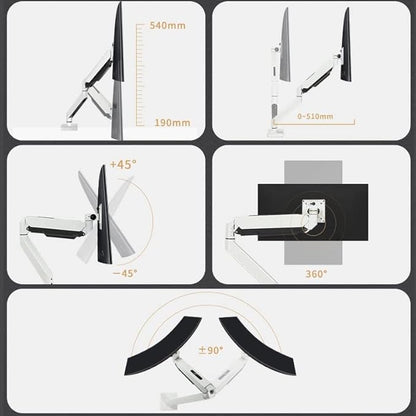 White Ultrawide Single Monitor Arm Heavy Duty Desk Mount Computer Stand for 17 to 45 inch Adjustable Gas Spring Bracket, Screen up to 30lbs with VESA max 100x100mm M7P