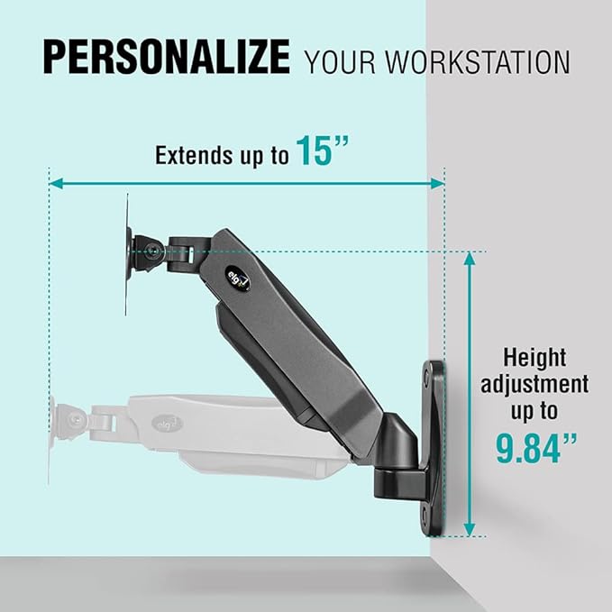 ELG Full Motion Swivel Monitor Wall Mount Stand Gas Spring for 17” to 35'' Display (4.4lbs to 19.8lbs Load), Arm Max Extension 15 inches, Computer Monitor Bracket, F410, Black