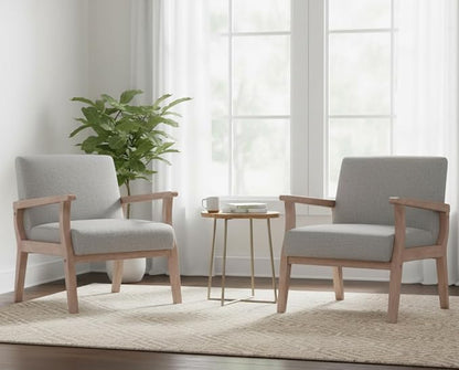 Mid Century Modern Accent Chair Set of 2, Linen Upholstered Living Room Accent Armchair with Wood Frame, Farmhouse Chair for Living Room Bedroom, Gray