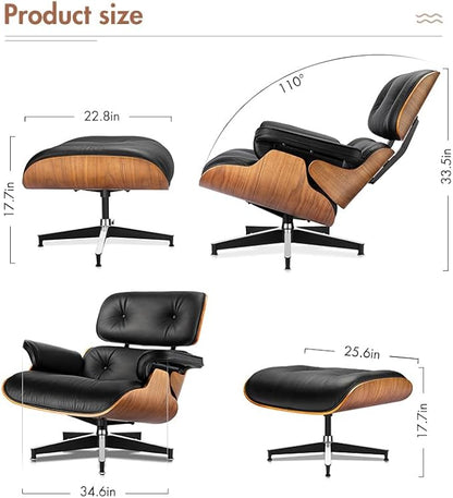 Mid Century Chaise Lounge Chair with Ottoman, Top Black Grain Leather, Modern Office Chair Classic Design, Heavy Duty Base Support for Living Room Study Lounge Office