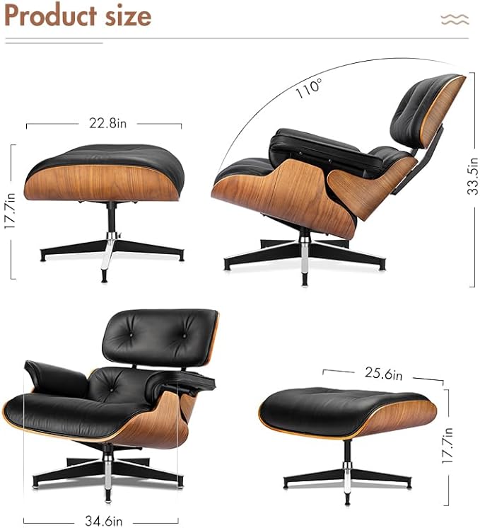 Mid Century Chaise Lounge Chair with Ottoman, Top Black Grain Leather, Modern Office Chair Classic Design, Heavy Duty Base Support for Living Room Study Lounge Office