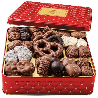 Christmas Chocolate Gift Basket – Gourmet Holiday Snack Gift Box Idea in Keepsake Tin – Men, Women, Corporate, Food Set- Bonnie and Pop