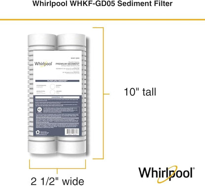 Whirlpool 10" x 2.5" Whole Home Standard Capacity Sediment Filters WHKF-GD05, 5 Micron, 6-Month Filter Life, Reduces Sediment, Sand, Soil, Silt & Rust, for standard filter housings, 2-Pack
