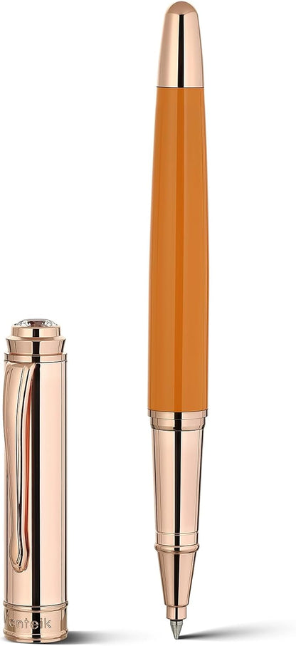 Luxury Rollerball Pen, Top Set With 8mm Brilliant Diamond,Bright Orange Lacquer,Rose Real Gold Finish, Schmidt Black Refill,Elegant Gift Pen For Women, Unique, Office,Nice Designer Pens