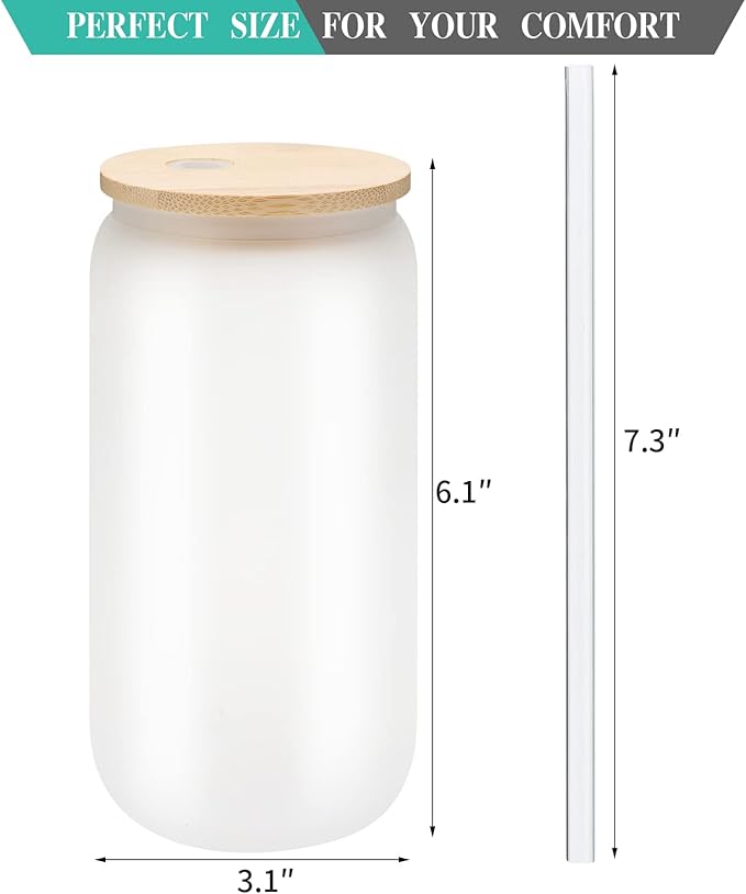 12 Pack Sublimation Glass Cups Frosted 16oz Blanks Beer Can Borosilicate Glasses Tumbler with Bamboo Lids and Straws for Beer, Juice, Soda, Iced Coffee, Drinks