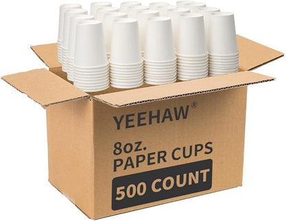YEEHAW 8 oz 500 Pack Disposable Paper Coffee Cups, White Hot Drinking Cups for Hot Coffee, Hot Liquid, Ideal for Cafes, Bistros, Businesses and Family
