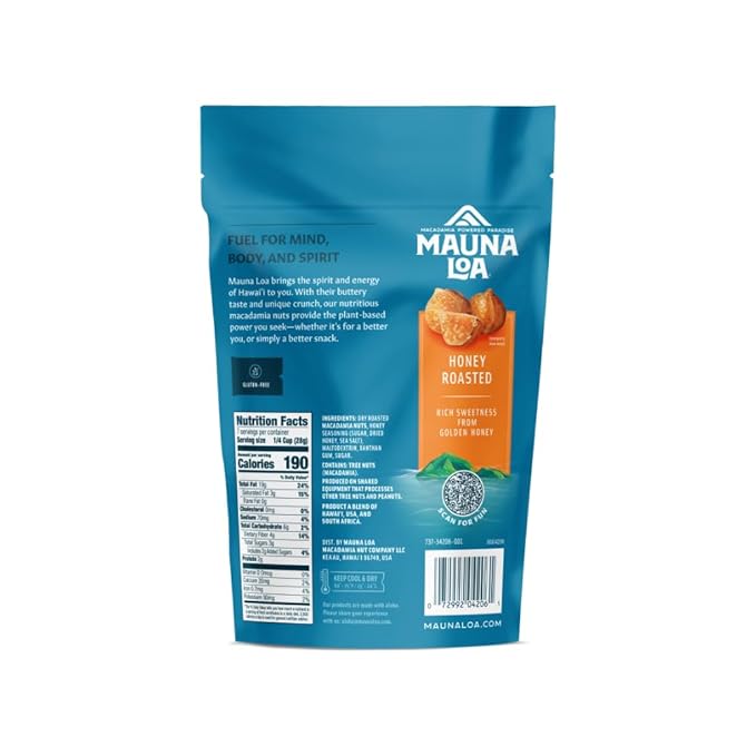 Mauna Loa Honey Roasted Macadamia Nuts, 7 oz Resealable Bag, Gluten Free, Sweet Hawaiian Snack