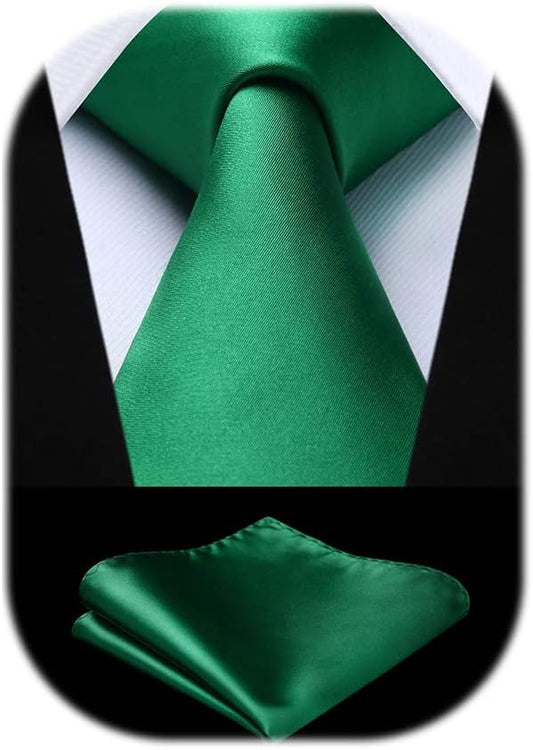 HISDERN Mens Solid Color Ties Formal Satin Necktie and Pocket Square Set Classic Wedding Business Tie & Handkerchief