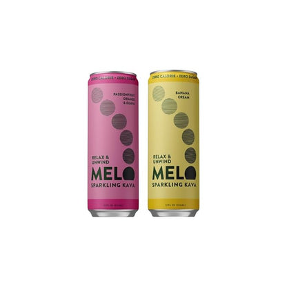 Melo Sparkling Kava Drink, Passionfruit, Orange and Guava, Banana Cream Flavor, Sugar Free Non Alcoholic Drinks, Zero Calories, Gluten Free, Vegan, 750mg Kava Root, 12 Pack, 12 oz Can