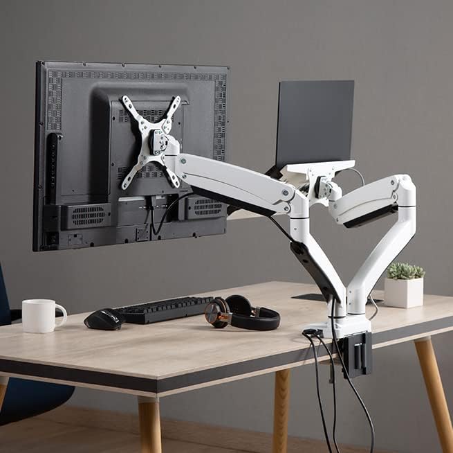 AVLT Dual 17”-43" Monitor Arm Desk Mount with 15" Laptop Tray and USB-C Docking Station, HDMI 4K60Hz, USB-A 5Gbps, Ethernet, 100W PD, Fits Two Flat/Curved Monitor - White